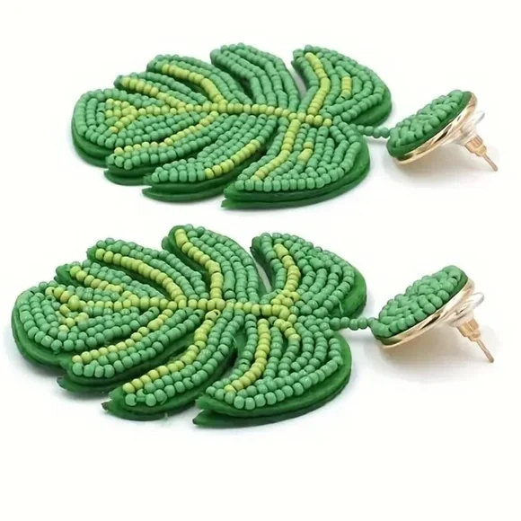 REVOLVE ❤️‍🔥 GLASS BEAD GREEN PALM LEAF EARRINGS NWT - Picture 3 of 8